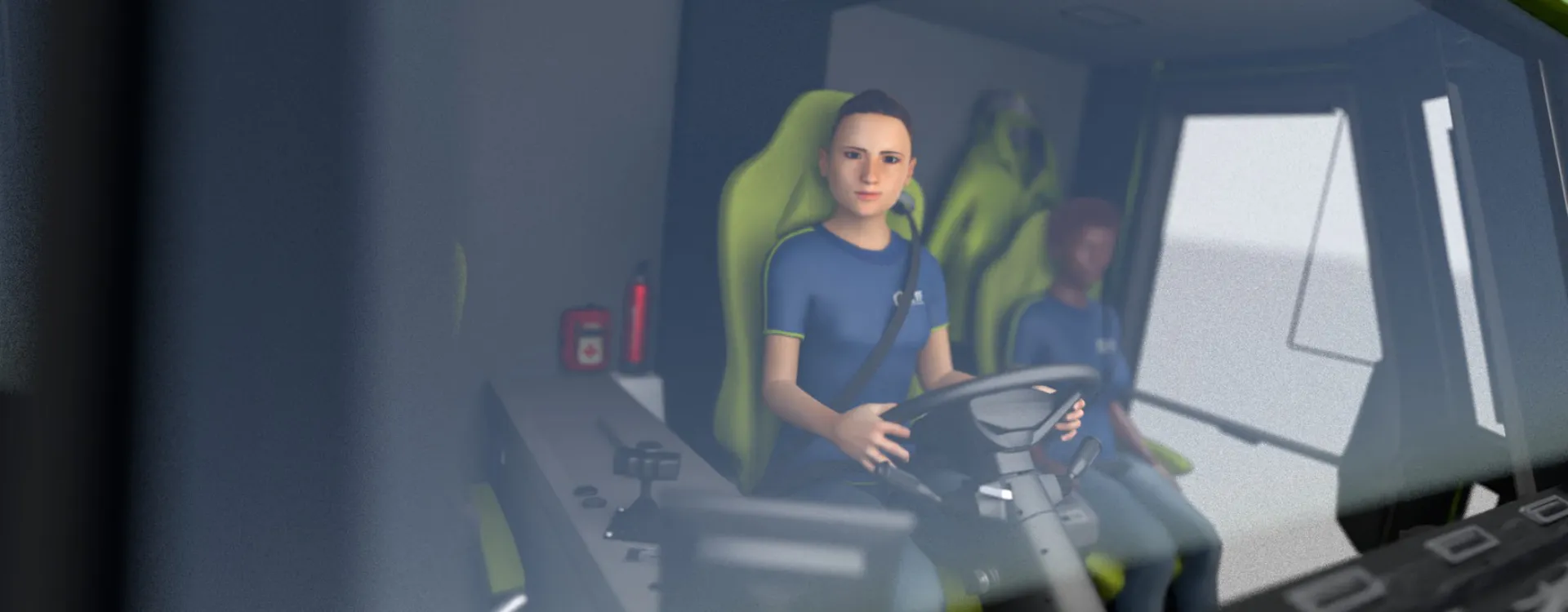 Interior of an ETF truck cabin showing the operator seat, steering wheel and controls