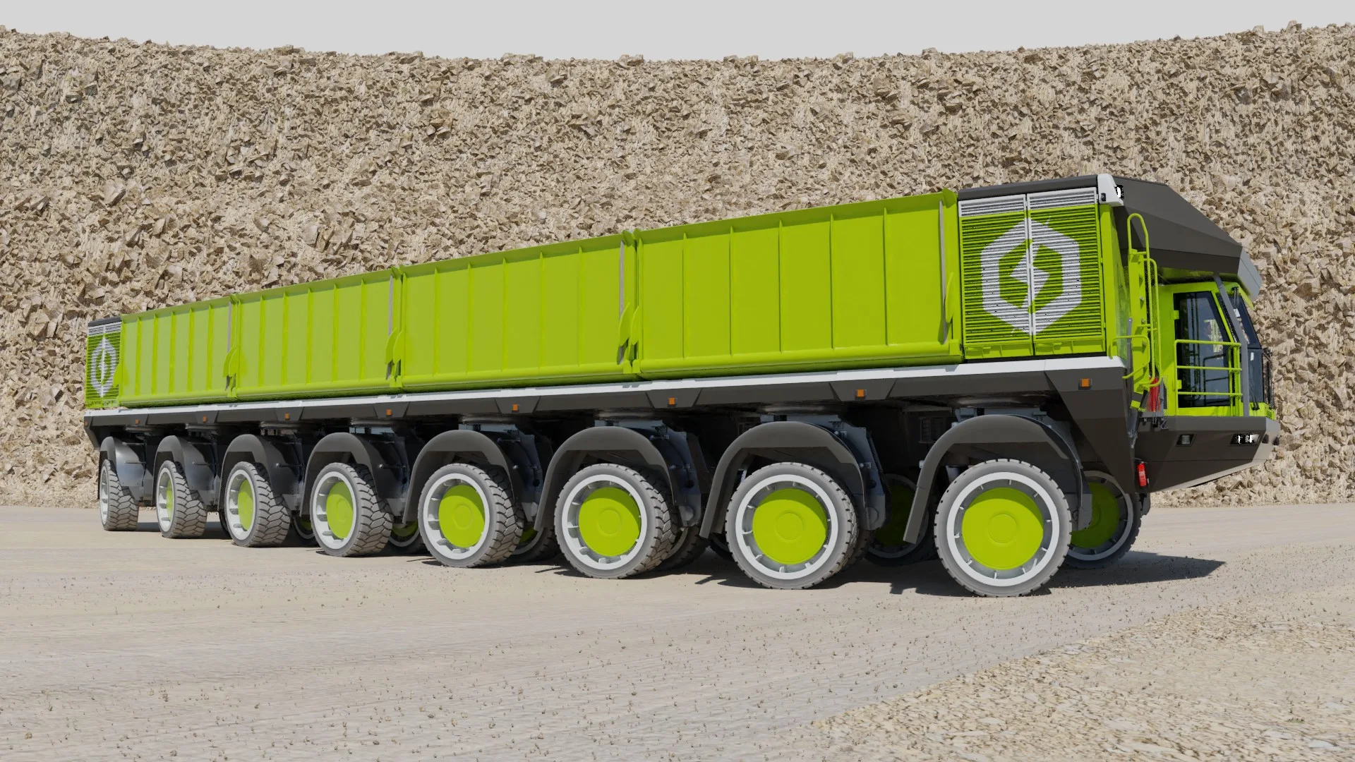 An ETF D8 haul train seen from the side with every axle steered into a turn