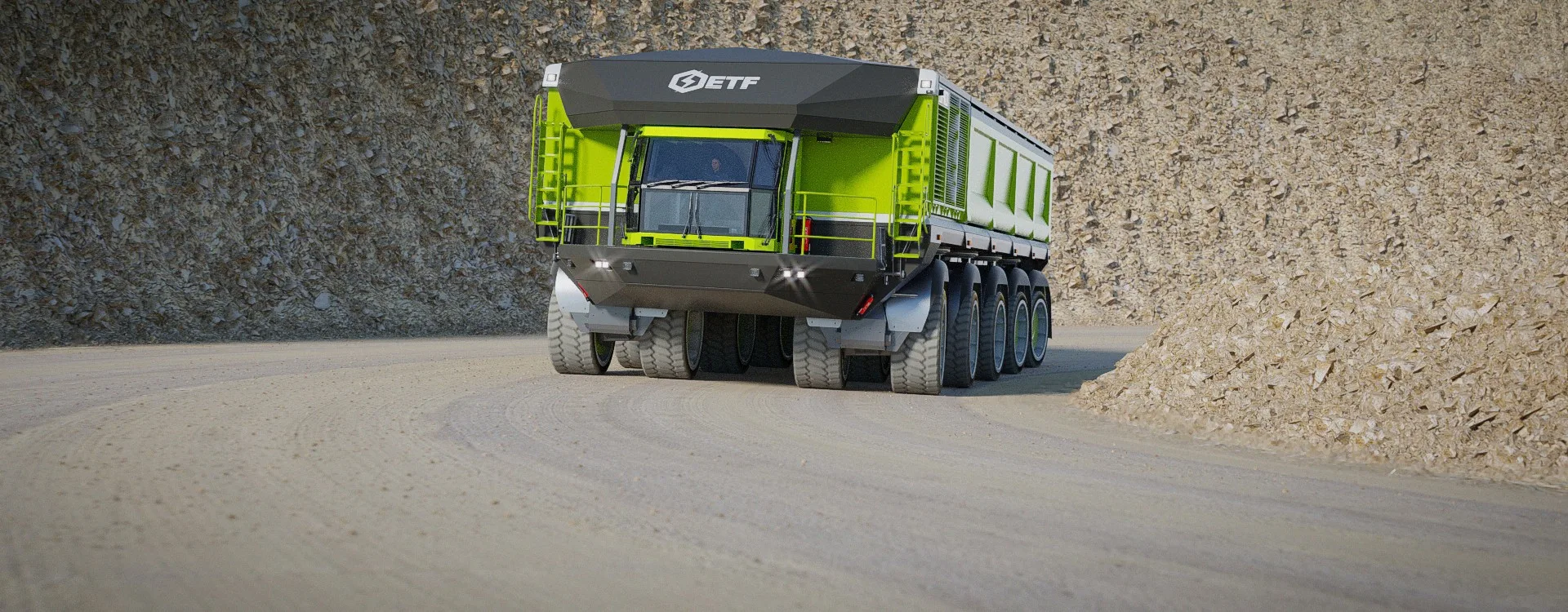 Rear view of an ETF mining truck showing the oscillating axle group and suspension