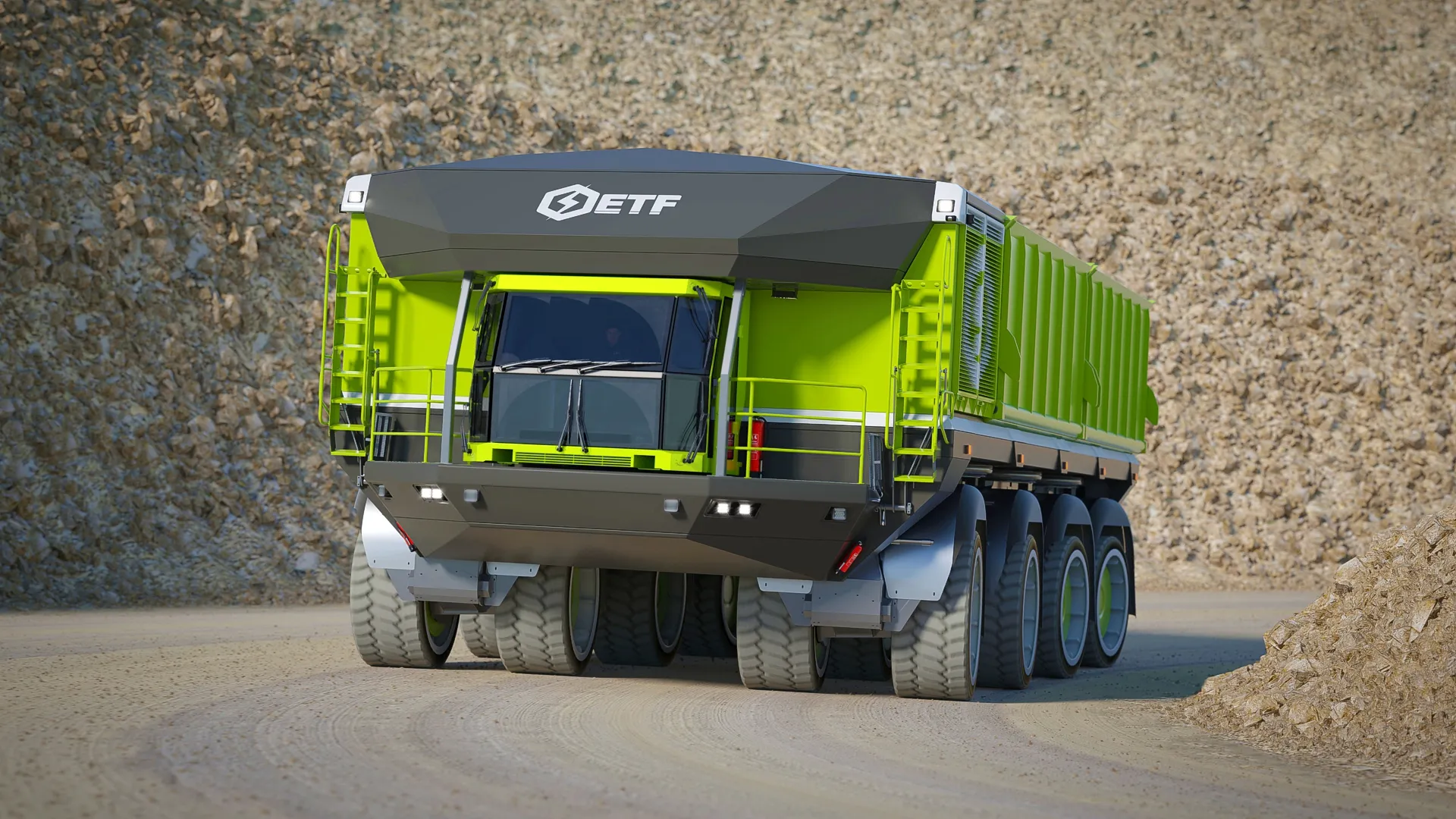 Front three-quarter view of an ETF mining truck on a haul road