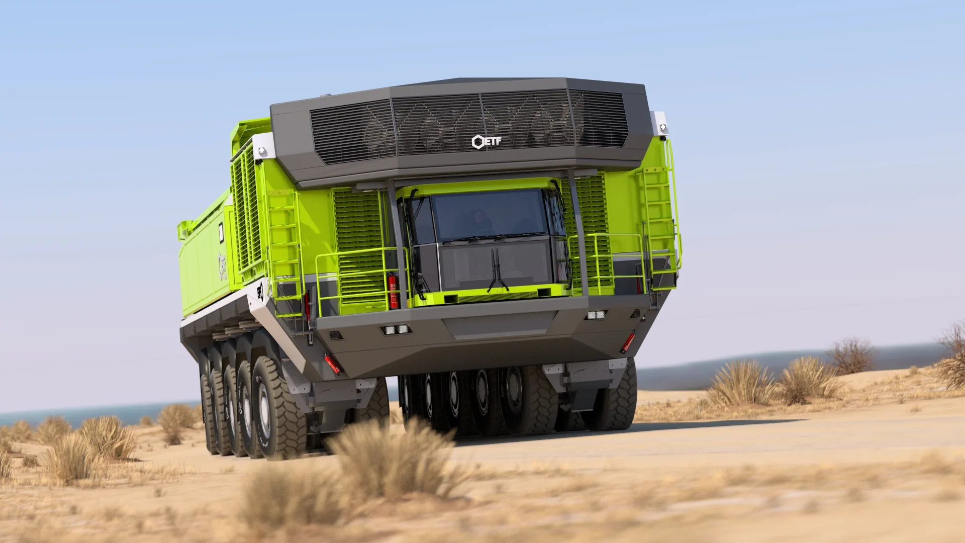 An ETF mining truck standing on level ground, front three-quarter view